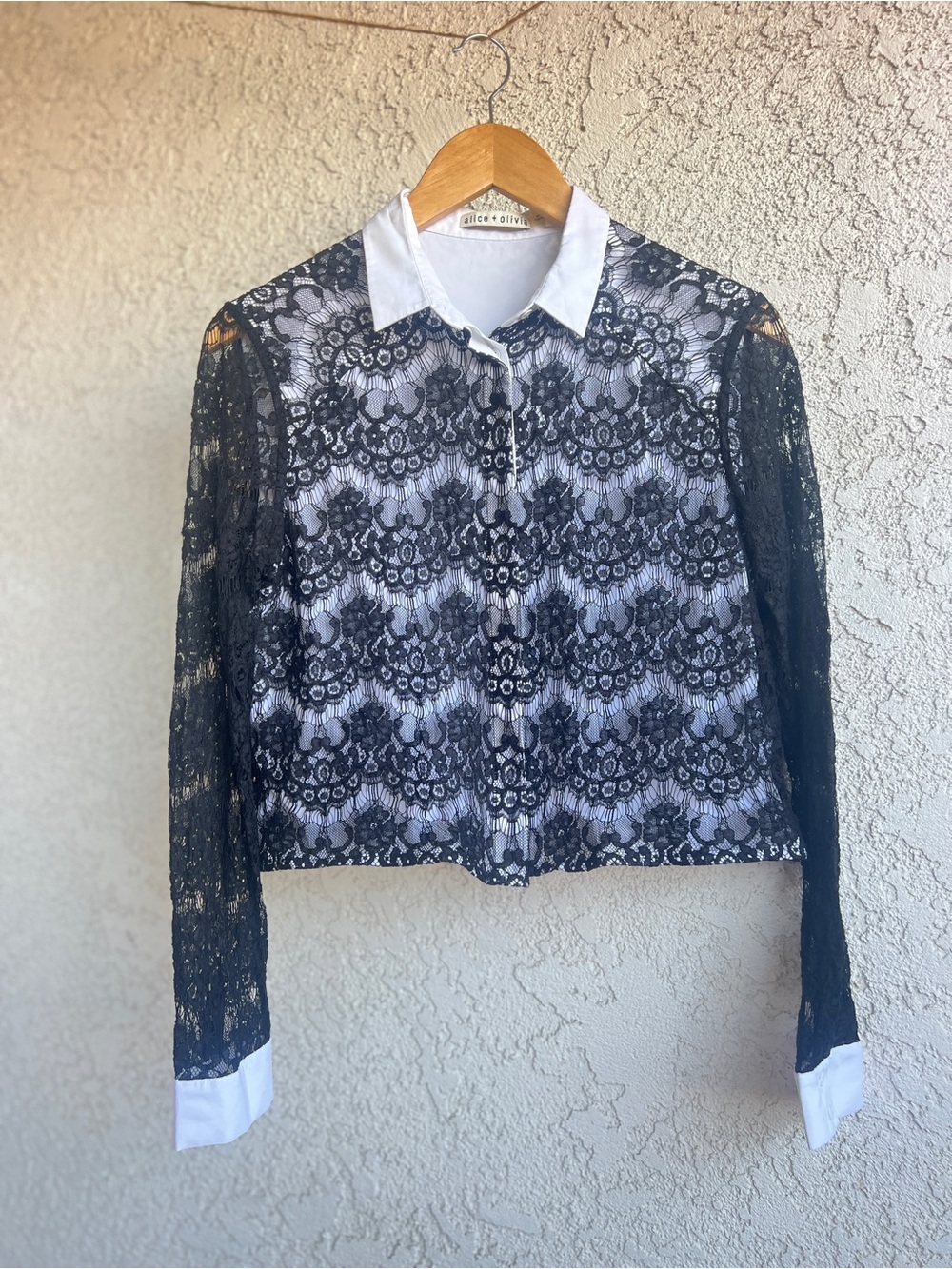 Alice + Olivia Black Lace Button-Up Shirt with White Collar & Cuffs